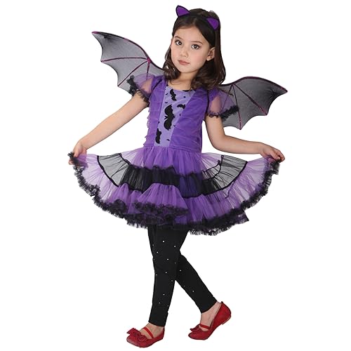 AISHNA Hexe Kostüm,Fledermaus Halloween Kostüm für Mädchen,Cosplay Vampirflügel Kostüm,Tutu Kleid Set (Lila Fledermaus, 9-12 Jahre (130-140cm)) von AISHNA