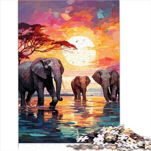Elefanten Afrika Sonnenuntergang Puzzle 1000 Extra große Teile Puzzle Premium Karton für Teenager als Geschenke für die ganze Familie und die 1000 Teile (26x38cm) von AITEXI