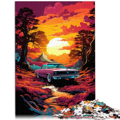 Puzzles als Geschenke, farbenfroher, Psychedelischer Sportwagen bei Sonnenuntergang, 1000-teiliges Puzzle, Holzpuzzle, einzigartiges Herausforderungsspiel (50 x 75 cm) von AITEXI