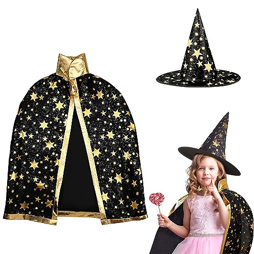 AIXIMA Kinder Halloween Kostüm,Zauberer Umhang für Kinder,Halloween Hexe Zauberer Umhang,Hexe Zauberer Umhang mit Hut für Kinder,für Kinder Junge Mädchen Kostüm Cosplay (Schwarz) von AIXIMA