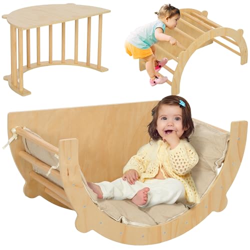 AIYAPLAY 3 in 1 Klettergerüst Set mit Tischplatte Kissen, Kletterbogen zum Schaukeln und Klettern, Kletterspielzeug aus Holz, für Kinder 1,5-4 Jahre, Indoor, Naturholz von AIYAPLAY