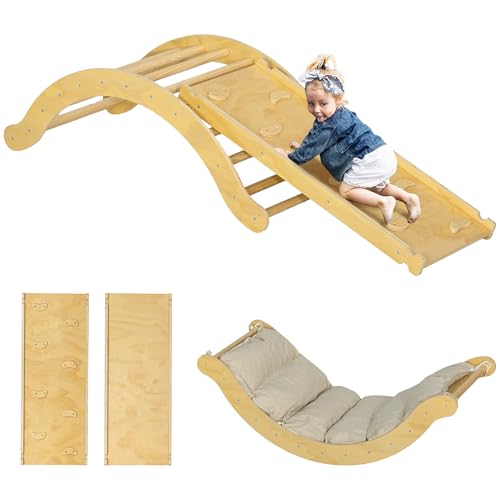 AIYAPLAY 4 in 1 Klettergerüst Set mit Rutsche, Kletterdreieck zum Rutschen und Klettern, Kletterspielzeug aus Holz, für Kinder 1,5-4 Jahre, Indoor, Naturholz von AIYAPLAY