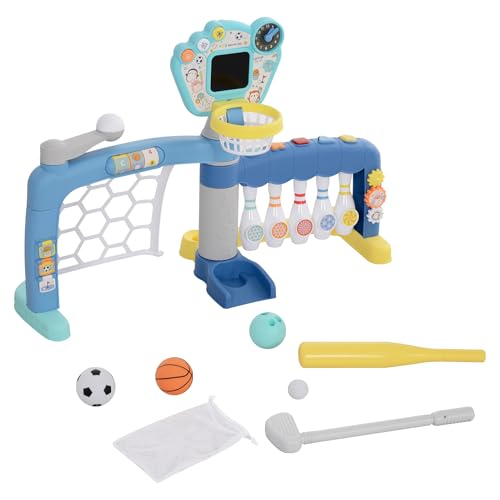 AIYAPLAY 5-in-1-Sportspielset für Kinder von 18-48 Monaten, Multi-Aktivitäten mit Fußball, Basketball, Golf, Baseball, Bowling - integriertes Fußballtor, Anzeigetafel, Licht und Sound von AIYAPLAY