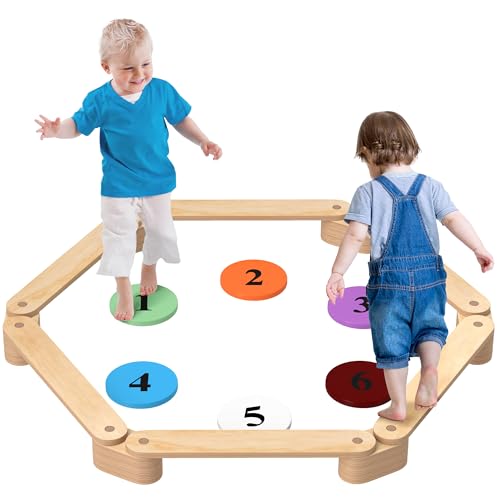 AIYAPLAY Balancierbalken für Kinder, modular, Massivholz aus Kiefer, Motorikparcours, 6 Teile für drinnen und draußen, Montessori-Spielzeug zum Training des Gleichgewichts, Belastung 50 kg, natur von AIYAPLAY