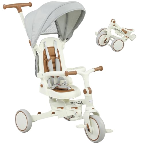 AIYAPLAY Dreirad 5-in-1 mit Schubstange für 1-3 Jahre Faltbar Kinderdreirad mit reversiblem Sitz, Fußstütze, ausziehbar Sonnendach, Aufbewahrungstasche, Sicherheitsgurt Cremeweiß AIYAPLAY Dreirad 5-in-1 mit Schubstange für 1-3 Jahre Faltbar Kinderdreirad mit reversiblem Sitz, Fußstütze, ausziehbar Sonnendach, Aufbewahrungstasche, Sicherheitsgurt Cremeweiß von AIYAPLAY