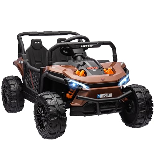 AIYAPLAY Elektrisches Kinderauto UTV, elektrischer Kinderbuggy, mit 2.4Ghz Fernbedienung, 2 Motoren 12 V, 2 Geschwindigkeiten, Musik, Hupe, Lichter, für Kinder 3-5 Jahre, braun von AIYAPLAY