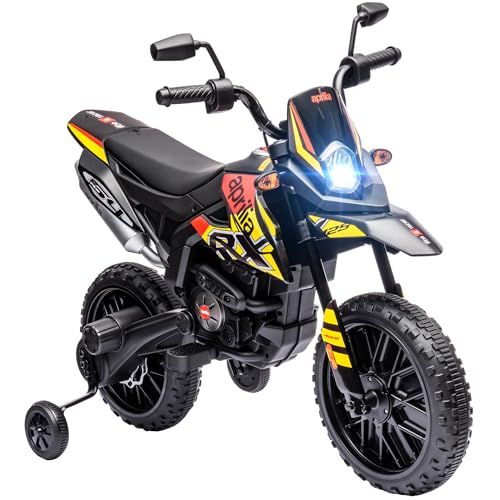 AIYAPLAY Kinder Elektro-Motorrad, 12V Aprilia Kindermotorrad mit Musik, 6 km/h Kinderfahrzeug mit abnehmbar Trainingsrädern, 12 Zoll Kunststoffreifen, für 3-8 Jahre Kinder, max. 30 kg, Gelb von AIYAPLAY