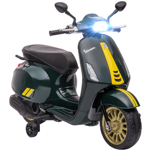 AIYAPLAY Kinder Elektro-Motorrad, 6V Vespa Kindermotorrad mit MP3, USB, FM-Radio, LED-Scheinwerfer, Kinderfahrzeug mit Trainingsrädern, 3 km/h, für 3-6 Jahre Kinder, Dunkelgrün von AIYAPLAY