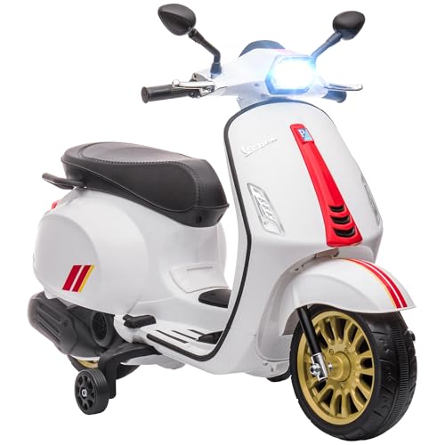 AIYAPLAY Kinder Elektro-Motorrad, 6V Vespa Kindermotorrad mit MP3, USB, FM-Radio, LED-Scheinwerfer, Kinderfahrzeug mit Trainingsrädern, 3 km/h, für 3-6 Jahre Kinder, Weiß von AIYAPLAY