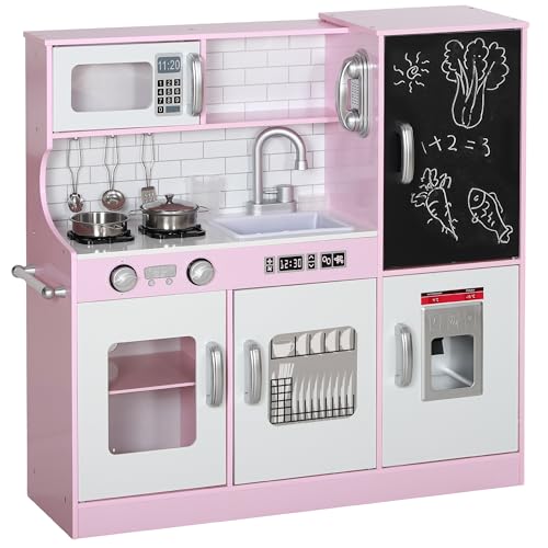 AIYAPLAY Kinderküche Spielküche mit Spielzeug Telefon, Kreidetafel, Mikrowelle, Herd, Spüle, Puppenküche mit Küchenzubehör, Eiswürfelmaschine für 3-8 Jahre Kinder, Rosa von AIYAPLAY