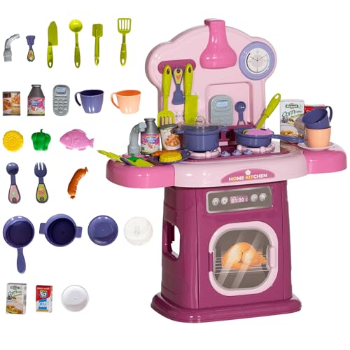 AIYAPLAY Kinderküche Zubehör 38 PCS Nachahmungsspielzeug für Kinder - Dinette für Kinder von 3-6 Jahren mit realistischen Lichtern und Geräuschen, rosa von AIYAPLAY