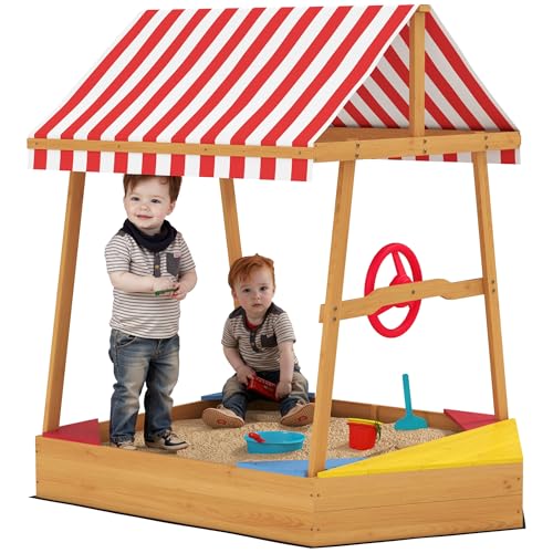 AIYAPLAY Kindersandkasten +3 Jahre Kindersandkasten in Bootsform mit Überdachung und Sitzen Sandkasten für draußen 133x101x141 cm Natur von AIYAPLAY