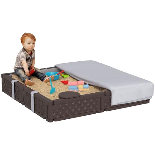 AIYAPLAY Kindersandkasten 18-60 Monate Quadratischer Kindersandkasten mit Abdeckung und Sitzen Outdoor Sandkasten 119x119x22 cm Braun von AIYAPLAY