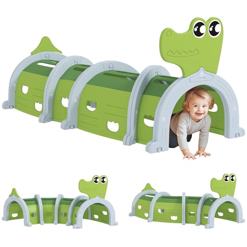 AIYAPLAY Krabbeltunnel für Kinder, Spieltunnel 194 cm, in Cartoon-Krokodil, Tunnel Kinder, für Kinder 3-6 Jahre, Kunststoff, Indoor Outdoor, Grün von AIYAPLAY