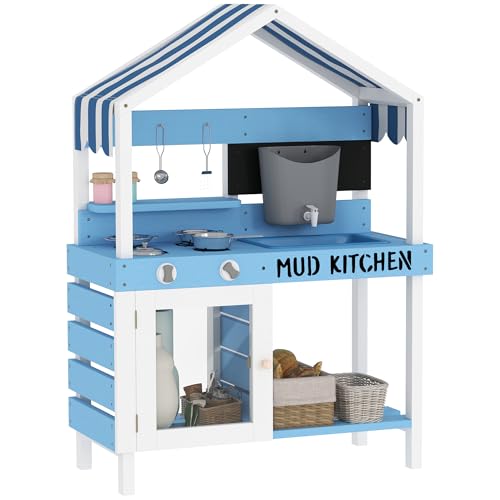 AIYAPLAY Matschküche Kinder Outdoor Gartenspielküche aus Holz mit Herd, Spüle, Wasserhahn, Aufbewahrungsregale, Kochgeschirr, Zubehör, Spielküche für Kinder 3-7 Jahren Blau von AIYAPLAY