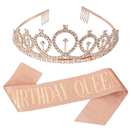 AIYONG Geburtstagskrone Geburtstags Schärpe Set, Birthday Queen Schärpe Rose Gold Krone,Geburtstag Cupcake Topper Konfetti Luftballons Zum Mädchen Geburtstag Geschenke Frauen Dekorationen von AIYONG