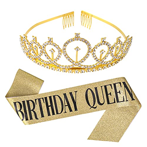 AIYONG Geburtstagskrone Geburtstags Schärpe Set, Birthday Queen Schärpe Rose Gold Krone,Geburtstag Cupcake Topper Konfetti Luftballons Zum Mädchen Geburtstag Geschenke Frauen Dekorationen von AIYONG