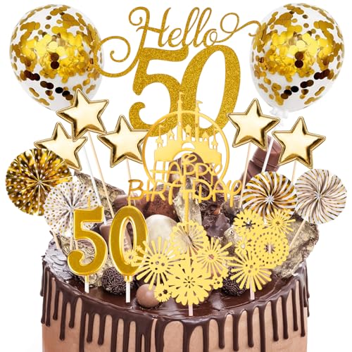 AIYONG Tortendeko 50 Geburtstag Frau Mann, Cake Topper 50 Happy Birthday, 17Pcs Kuchen Geburtstag Deko, Topper mit Zahlenkerze 50, Sternen Konfetti-Luftballons und Papierfächer Gold von AIYONG