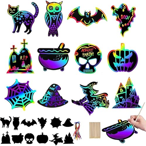 AIZHAZHA Halloween Kratzbilder, 24 Pcs Kratzpapier Bastelset, Magische Bunte Regenbogen Kratzpapier, Scratch Art Papier, bastelset kratzbilder, für DIY Zweigornamente Lesezeichen GeschenkanhäNger von AIZHAZHA