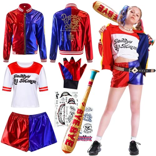 AJDSK Quinn Cosplay Kostüme Kinder: Mädchen Bösewicht Clown Kostüm Kit enthalten Jacke, T-Shirt, Shorts, Aufblasbare Baseballschläger, Tattoo-Aufkleber und Handschuh für Halloween Karneval (L) von AJDSK