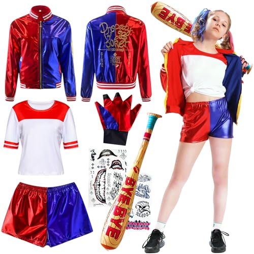 AJDSK Quinn Cosplay Kostüme Kinder: Mädchen Bösewicht Suicide Clown Kostüm Kit enthalten Jacke T-Shirt Shorts Aufblasbare Baseballschläger, Tattoo-Aufkleber und Handschuh für Halloween Karneval (150) von AJDSK