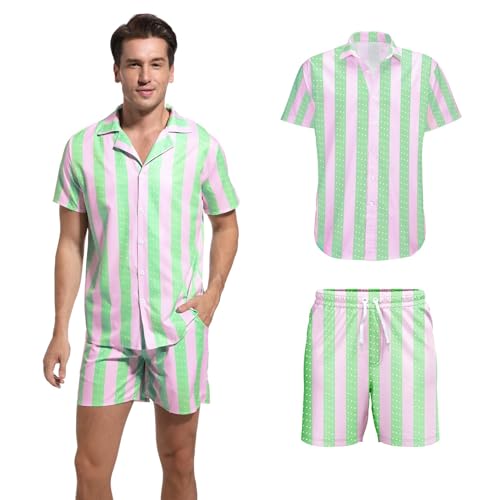 AJGEGJE Gestreiftes Hemd Kostüm Herren, Freizeithemd Kurzarm und Strandshorts Sommer, Strand Outfit für Halloween Party (L) von AJGEGJE