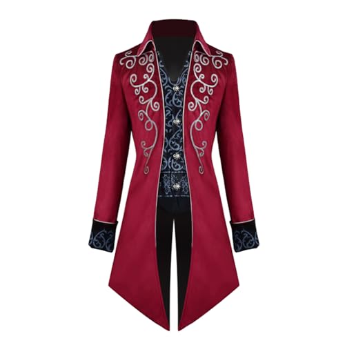 AJGEGJE Herren Steampunk Vintage Mantel, Gothic Retro Mantel Viktorianischen Mittelalter Frack, Karneval Party Cosplay Herren Kostüme für Erwachsene (Rot-1, 3XL) von AJGEGJE