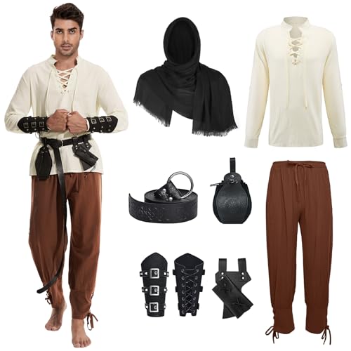 AJGEGJE Mittelalter Kleidung Herren, 7 Stück Herren Renaissance Kostüm Set, Mittelalter Viking Kostüm mit Piratenhemd Herren Lang Hose Gürtel Handgelenkgurt (Braun, 3XL) von AJGEGJE