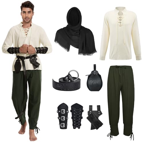 AJGEGJE Mittelalter Kleidung Herren, 7 Stück Herren Renaissance Kostüm Set, Mittelalter Viking Kostüm mit Piratenhemd Lang Hose Gürtel Handgelenkgurt (Grün, 3XL) von AJGEGJE