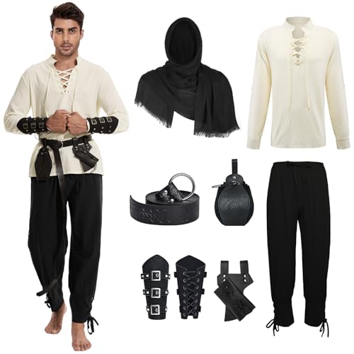 AJGEGJE Mittelalter Kleidung Herren, 7 Stück Herren Renaissance Kostüm Set, Mittelalter Viking Kostüm mit Piratenhemd Lang Hose Gürtel Handgelenkgurt (Schwarz, 3XL) von AJGEGJE