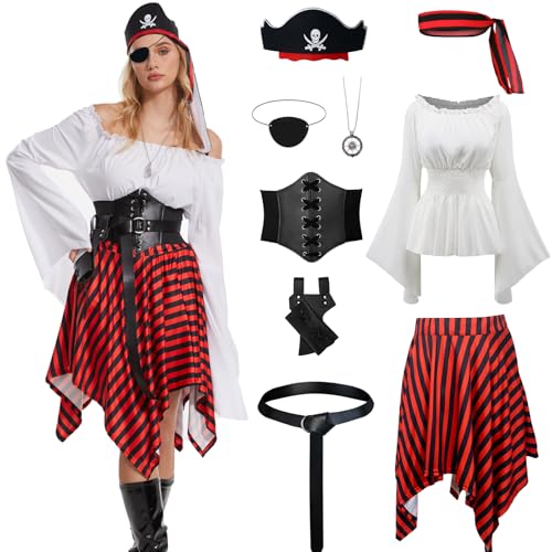 AJGEGJE Piratenkostüm Damen, Piratin Kleid Set mit Piraten Oberteil, Rock, Piraten Kopftuch, Gürtel, Halskette, für Halloween Karneval Cosplay (2XL) von AJGEGJE