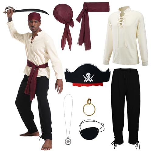 AJGEGJE Piratenkostüm Herren, 8 Stück Herren Piratin Kostüm Set mit Hemd, Lang Hose, Piraten Kopftuch, Gürtel, Halskette, für Halloween Karneval Cosplay (3XL) von AJGEGJE