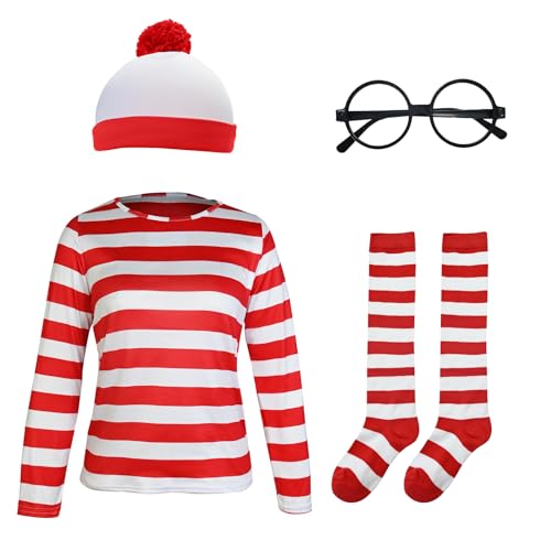 AJGEGJE Rot-weiß Gestreiftes Shirt Kit mit Brille & Mütze, Halloween Cosplay Party Kostüm Outfit für Erwachsene (Damen, 2XL) von AJGEGJE