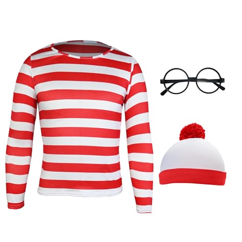 AJGEGJE Rot-weiß Gestreiftes Shirt Kit mit Brille & Mütze, Halloween Cosplay Party Kostüm Outfit für Erwachsene (Herren, 2XL) von AJGEGJE