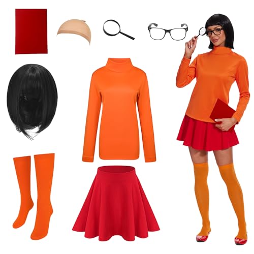 AJGEGJE Velma Kostüm für Damen, Orange Rollkragen-Top, Skaterrock, Socken, Erwachsene Cosplay Kostüme für Partys, Karneval& Halloween (XXL) von AJGEGJE