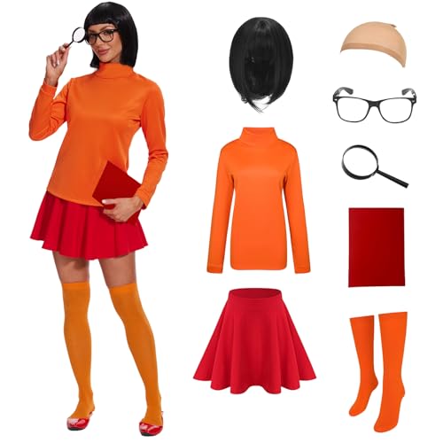 AJGEGJE Velma Kostüm für Damen, Orange Rollkragen-Top, Skaterrock, Socken, Erwachsene Cosplay Kostüme für Partys, Karneval& Halloween (L) von AJGEGJE