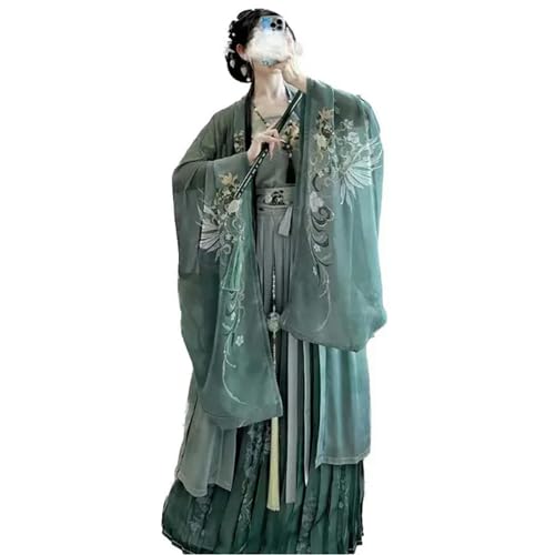 AJOHBM Chinesisches traditionelles Hanfu-Kostüm für Damen, Halloween, Cosplay, bedruckt, Grün, 3-teiliges Set, Übergröße, XL von AJOHBM