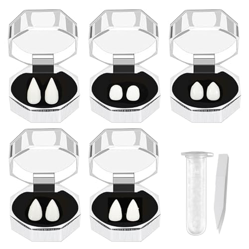 AJUNLKVDR 5 Pairs Vampir Zähne Kit 5 Größen,Vampirzähne,Halloween Vampir Zähne Kinder,Fangs Erwachsene Teeth,Vampire,Zahn Cosplay Damen,Eckzähne Zum Vampirgebiss Dracula für Fangzähne AJUNLKVDR 5 Pairs Vampir Zähne Kit 5 Größen,Vampirzähne,Halloween Vampir Zähne Kinder,Fangs Erwachsene Teeth,Vampire,Zahn Cosplay Damen,Eckzähne Zum Vampirgebiss Dracula für Fangzähne von AJUNLKVDR