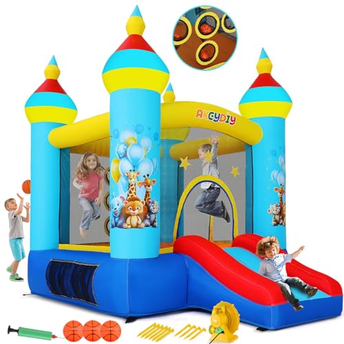 AKEYDIY Hüpfhaus, für drinnen und draußen, lustiges Hüpfhaus mit Gebläse, Tropische Dschungeltiere, Party-Bouncer Slide & Jumping Area, Ballwurfspiel, Hinterhof, aufblasbares Hüpfhaus, Geschenk für von AKEYDIY