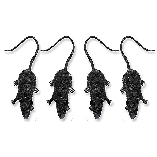 AKH® Halloween Gummi-Ratten | 4 Stück | gruselige Rattenrequisiten für Halloween-Party-Dekoration | 11 cm schwarze Kunststoff-Maus | Spielzeug Süßes oder Saures, Partygeschenke, Geschenktüte oder von AKH