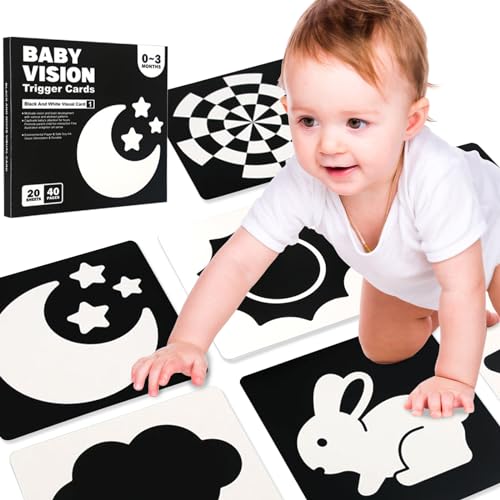 AKOFIC Kontrastkarten Baby Spielzeug 0-3 Monate, Hohe Kontrast Baby Schwarz Weiß Lernkarten, Flash Karten Lernspielzeug für Neugeborene Visuelle Stimulation, 20 Stück 40 Seiten 14 * 14 cm von AKOFIC