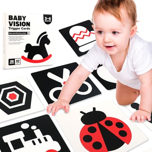 AKOFIC Kontrastkarten Baby Spielzeug 3-6 Monate, Hohe Kontrast Baby Schwarz-Rote Lernkarten, Flash Karten Lernspielzeug für Neugeborene Visuelle Stimulation, 20 Stück 40 Seiten 14 * 14 cm von AKOFIC