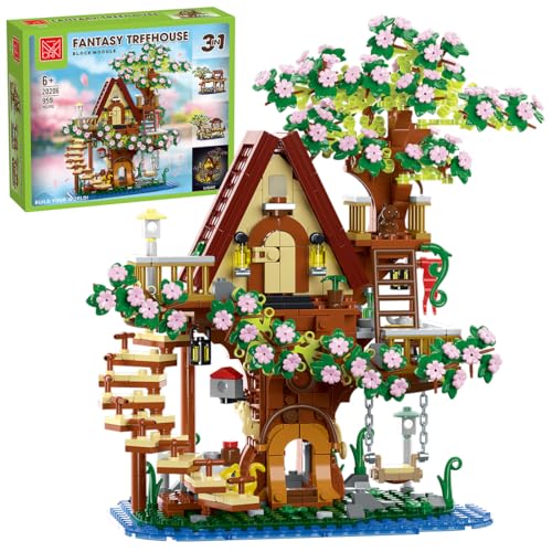 AKOGD Baumhaus Bausteine Bauset mit Licht, 959 Teile Garten Häuser Klemmbausteine Modell, Blumen Baumhaus Architektur Klemmbausteine Bausatz Konstruktionsspielzeug Set für Kinder Erwachsene von AKOGD