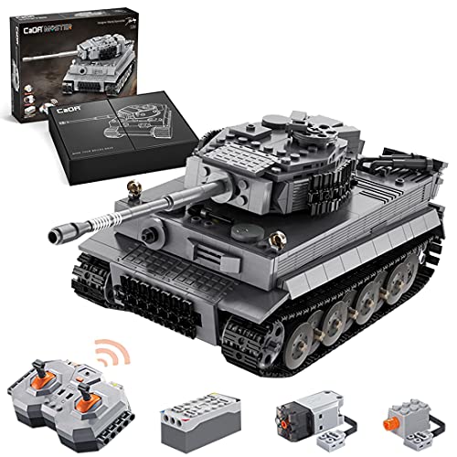 AKOGD Panzer Bausteine Modell, 925 Teile RC 2.4G WW2 Militär Kampfpanzermodell mit Motor & Fernbedienung, C61071W Kettenfahrzeug Tiger Panzer Bausatz Konstruktionsspielzeug von AKOGD