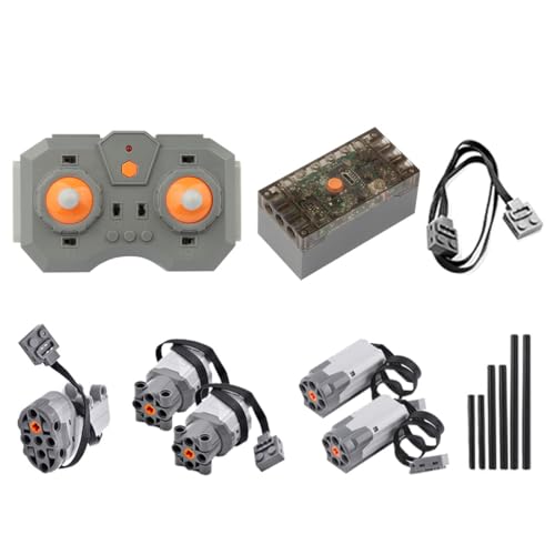 AKOGD Power Functions Set, 9 Teile Motoren Set mit Batteriebox Fernbedienung Set Motor Servomotor Verlängerungskabel Kreuz Pleuelstange Kompatibel mit vielen Modellen von AKOGD