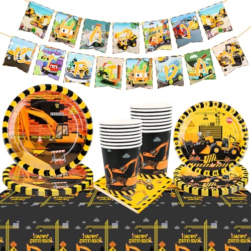 AKONE Baustelle Partygeschirr Set, Bagger Pappteller Kindergeburtstag, Bagger Besteck für Bulldozer Party Supplies, Kinder Bagger Partygeschirr Junge Geburtstag Deko für 16 Gäste von AKONE