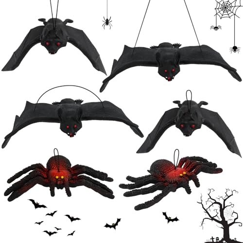 AKONE Halloween Deko Set mit Fledermaus&Spinne, 4 Stück Halloween Fledermaus und 2 Stück Riesen Spinne, Gummi Realistische Fledermaus zu Hängen, Gruseliger Spinnen Halloween Dekofür Halloween Party von AKONE