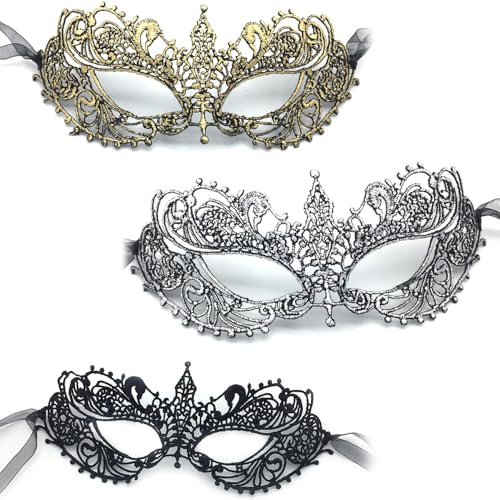 AKSIQIOL 3 Stück Spitze Maskerade Masken für Frauen - Luxus Halbgesicht Party Masken für Abschlussball, Halloween und Karneval - Elegante Kostüm Masken für Damen und Mädchen von AKSIQIOL