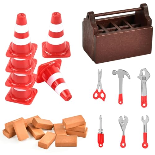 Wichtel Zubehör Baustelle, 25 Pcs Miniatur Wichtelzubehör Baustelle Set für Wichteltür Weihnachten Deko und Puppenhaus,DIY wichtel Baustelle Einzug mit Pylonen Werkzeug-Set von AKSXU