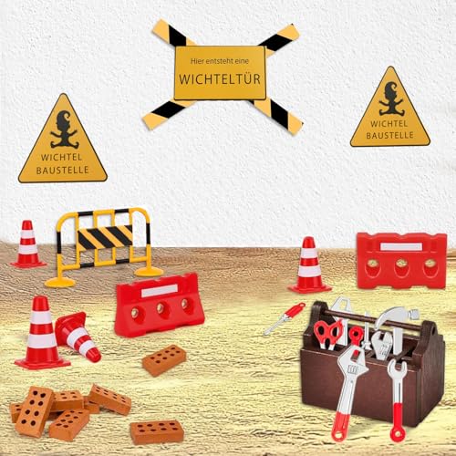 Wichtel Zubehör Baustelle, 27 Pcs Miniatur Wichtel Baustelle Set für Wichteltür Weihnachten Deko und Puppenhaus,DIY wichtelzubehör Baustelle Einzug mit Absperrungsset,Pylonen, Werkzeug-Set von AKSXU